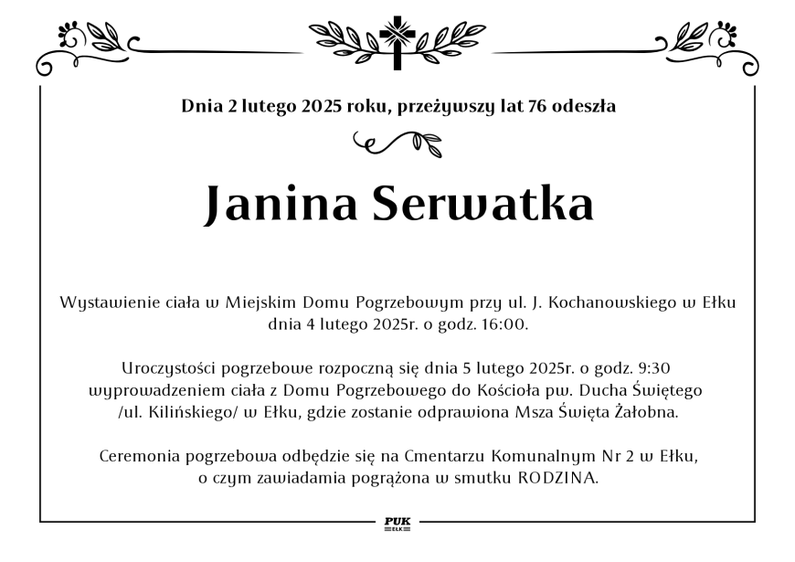 Janina Serwatka - nekrolog